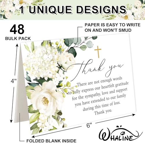 Whaline 48Pcs Funeral Thank You Cards Floral Sympathy Thank You Card with Stickers Envelopes White Flower Bereavement Card for Memorial Service Loved Ones Celebration of Life