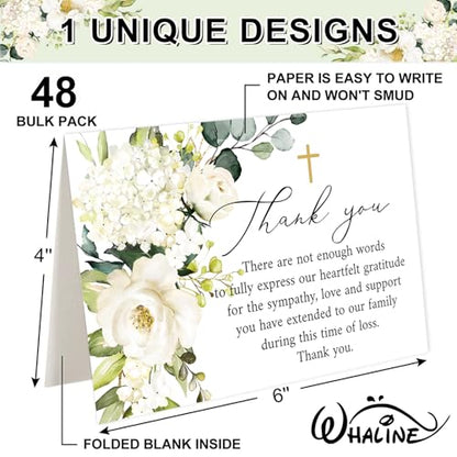 Whaline 48Pcs Funeral Thank You Cards Floral Sympathy Thank You Card with Stickers Envelopes White Flower Bereavement Card for Memorial Service Loved Ones Celebration of Life