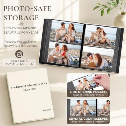 Vienrose 4x6 Couples Photo Album 200 Pockets DIY Cover Tweezers Beige | fabric cover photo book, acid free inner pages, couple themed crystal stickers, tweezers, slip in photo album - color: Romantic Couple, size: 200 Pockets