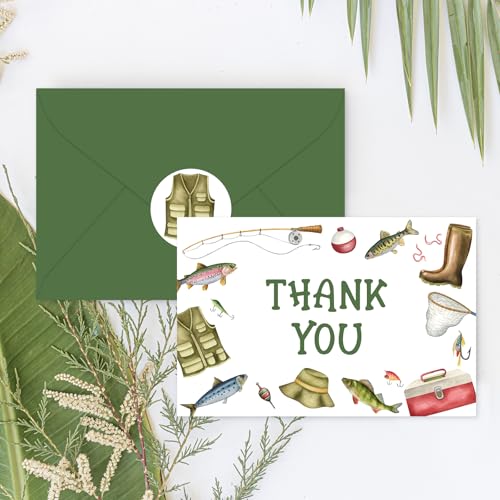 FYSUIMU 24Pcs Fishing Thank You Cards Fishing Rod Fishnet Note Card with Envelopes Stickers Green Blank Greeting Card for Fish Party Birthday Supplies - style: Fishing Rod