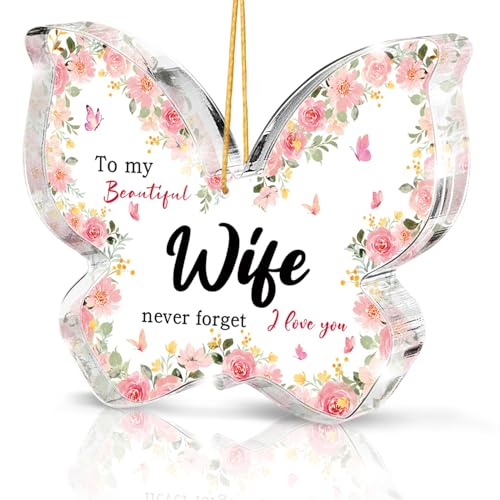 Gifts for Wife from Husband Mothers Day,Pink Butterfly Acrylic Decoration,Romantic Wedding Anniversary Christmas Birthday Valentines for Women Her 3.1X2.1 Inches - color: Wife