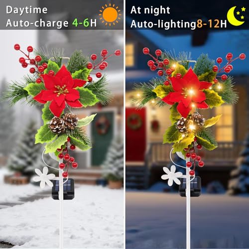 Solar Christmas Decorations Outdoor, 4 Pack 32 Inch Solar Christmas Cross Stake Lights, Waterproof Grave Decorations with Poinsettia Flower Pinecones Red Berries for Garden Yard Patio Lawn Cemetery - style: 4 Pack Poinsettia Cross