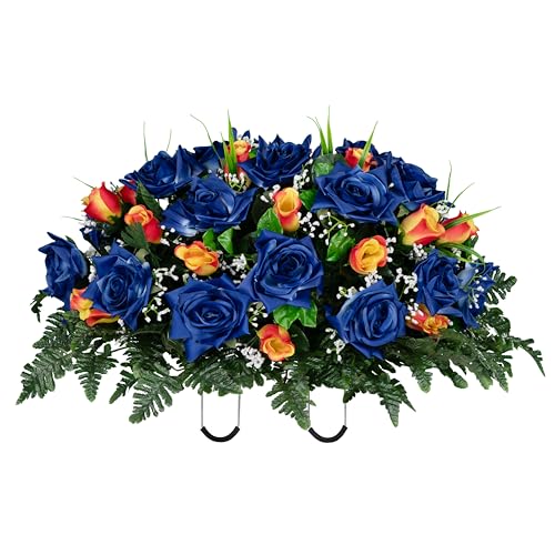 Sympathy Silks - Artificial Flowers for Cemeteries - Blue Open Roses and Orange Rose Buds - (1) Headstone Saddle - color: Blue/Orange