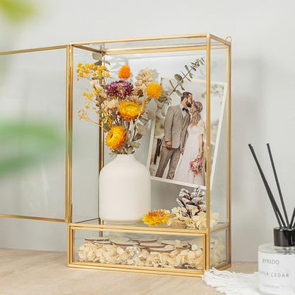Shadow Box Frame, 3.5" Deep Wedding Shadow Boxes Display Case with Drawer, Glass Gold Shadow Memory Box for Picture, Wedding Bouquet, Pet Memorial and Keepsakes