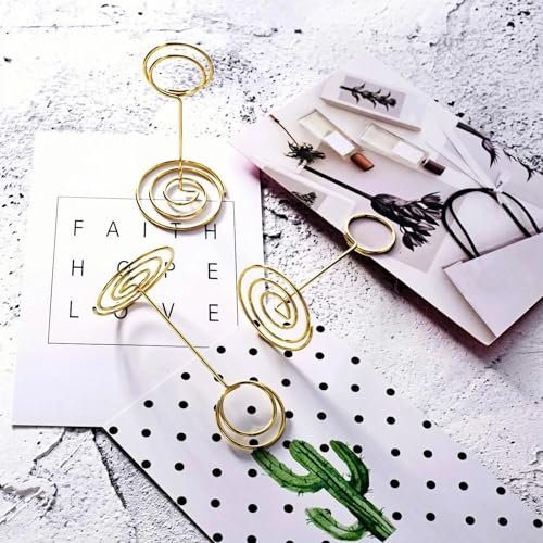 TecUnite 24 pcs 3.35 Inch Picture Clips Table Place Photos Card Holder Gold | number Cards Holds Menus Name, Wedding Reception Birthday Party Centerpieces, Durable Metal Wire,Spiral Base - color: Gold