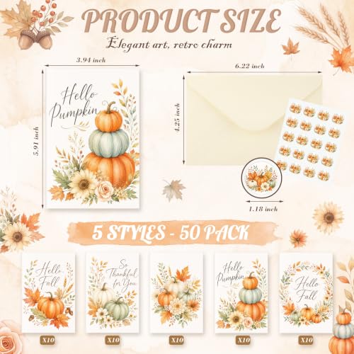 Eaasty 50 Sets Cards with Stickers and Envelopes Blank Inside Funny 5 Style Greeting Card Designs(Fall Style) - style: Fall Style