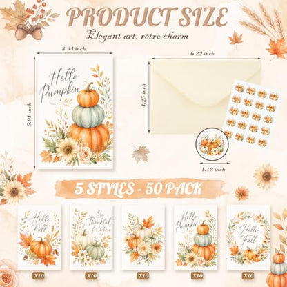 Eaasty 50 Sets Cards with Stickers and Envelopes Blank Inside Funny 5 Style Greeting Card Designs(Fall Style) - style: Fall Style