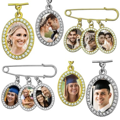 Wedding Bouquet Photo Charms Memorial Custom Boutonniere Bachelor Bridal - style: Oval - Rhinestone Frame Gold/ Silver & UV Photo