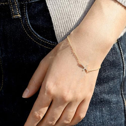 Moodear Cross Bracelet for Women, Dainty Sterling Silver/Gold Plated Gift | Christian Religious Gifts for Teen, Stocking Stuffers, Adjustable Link Bracelets, Sparkling CZ Cross, Non Tarnish Jewelry - color: CZ Gold Cross Bracelet
