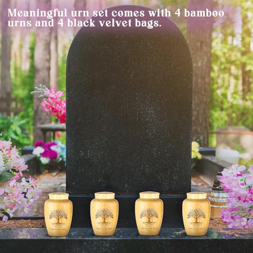 Beeveer 4 Sets Small Urn for Human Ashes Mini Urns with Tree Pattern Engraved Biodegradable Bamboo Cremation Urns for Pet Ashes with Black Velvet Bags