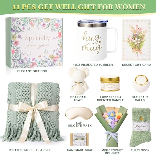 11 PCS Birthday Gifts for Women, Get Well Soon Gifts Baskets for Women Self Care,Thank You Gift,Spa Care Package After Surgery Thinking of You Sympathy, for Mom Her Wife Sister Friend (Blanket) - color: Sage Green