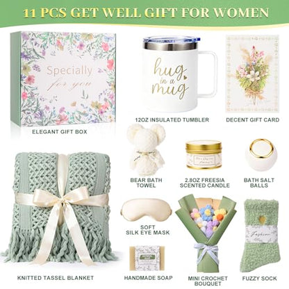 11 PCS Birthday Gifts for Women, Get Well Soon Gifts Baskets for Women Self Care,Thank You Gift,Spa Care Package After Surgery Thinking of You Sympathy, for Mom Her Wife Sister Friend (Blanket) - color: Sage Green