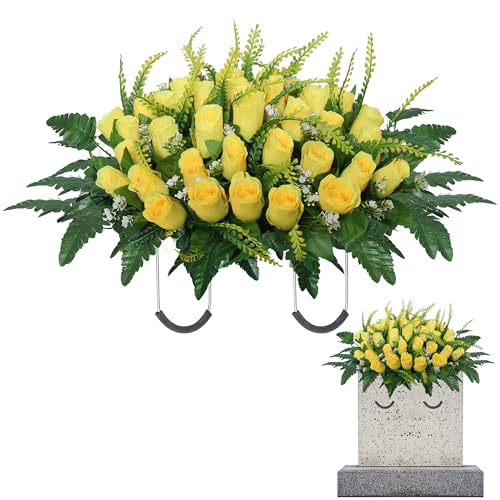 Cemetery Headstone Flower Saddle,Tombstone Flower,Outdoor Grave Saddle Headstone Decorations,Cemetery Memorial Flowers for Outdoor Gravesite Tombstone Decorations (Yellow) - color: Yellow