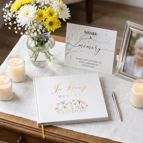 Funeral Guest Book for Memorial Service, in Loving Memory 9x7.5 - color: White Flower
