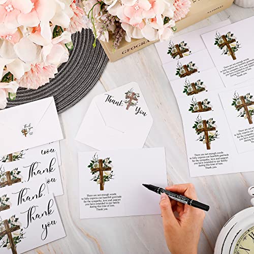 Spakon 50 Pack Funeral Thank You Cards with Envelopes and Stickers Bulk 4x6 Inch Sympathy Bereavement Thank You Cards with Message Floral Cross for Funeral Family, Celebration of Life(Cross)