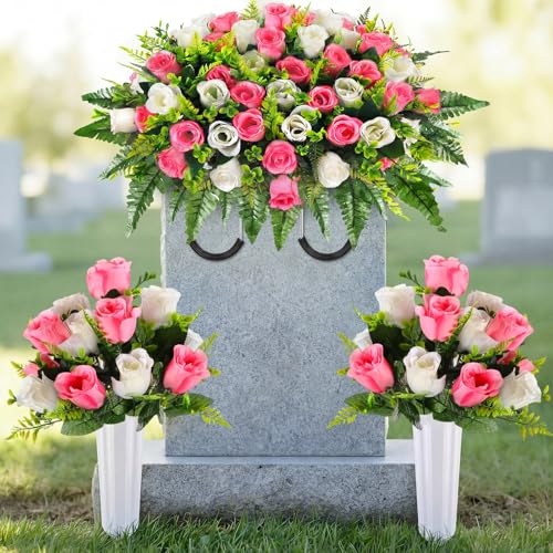 Janinka 3 Pcs Artificial Cemetery Flowers for Grave Set 19.7"x13.8" 1 Headstone Flower Saddle 2 Cemetery Flower with Vase Tombstone Rose Bouquet for Outdoor Gravesite Decor(Pink, Creamy White) - color: Pink, Creamy White