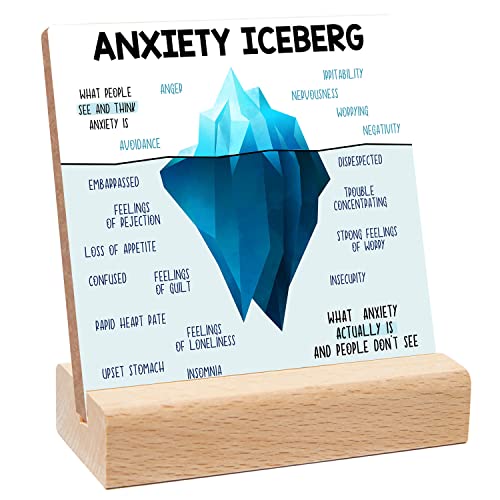 Mental Health Inspirational Gift, Anxiety Iceberg Teaching Sign, Mental Health Sign with Wooden Stand, School Counseling Office Therapy Desktop Art Decoration School Counselor, Therapist Office Gifts - color: 013