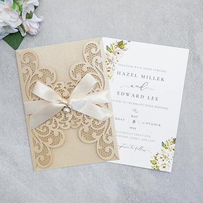 20Pcs Champagne Laser Cut Wedding Invitation Cards With Envelopes - color: Champagne