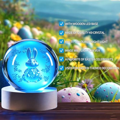 Easter Light up Bunny 3D Crystal Ball 60MM Rabbit Decor Sphere Figurine Collectibles Glass Art Animal Night Light for Kids - size: 2.36"