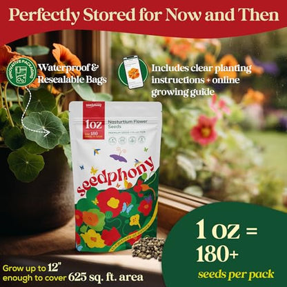Seedphony Nasturtium Seeds Pack 1 oz - 180 Non-GMO Heirloom Nasturtium Seeds for Planting, Perennial Flowers in Waterproof Seed Packet, Wildflower Seeds for Planting Garden Indoor & Outdoor Gardening - size: Nasturtium 1oz, style: Nasturtium Flower Seeds