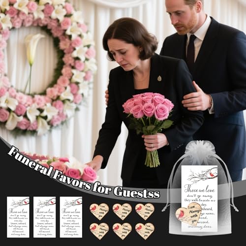 100 Sets Funeral Favors for Guests Memorial Thank You Gifts Celebration of Life Decorations Cardinal Gifts with Heart Pocket Hug Token Funeral Prayer Card and Organza Bag
