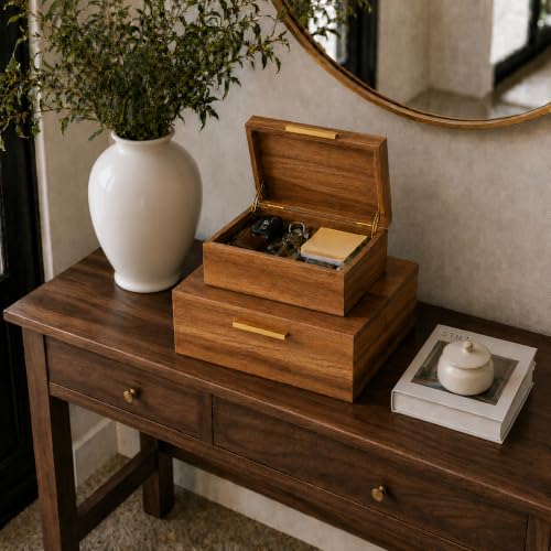 Acacia Wood Keepsake Box with Magnetic Lid, Set of 2 Large and Small Memory Storage Boxes for Jewelry, Photos, Crafts