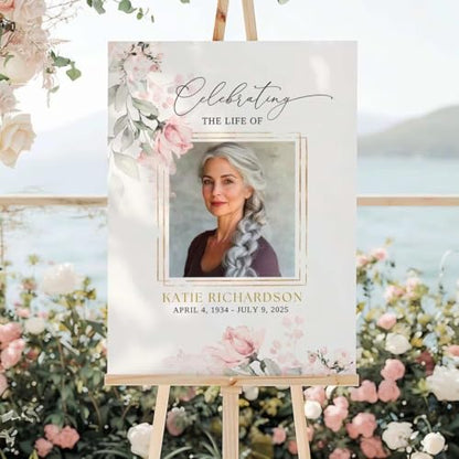 Celebration Of Life Sign With Picture, Funeral Sign Board Personalized, Funeral Welcome Sign Celebration Of Life Sign Pink Floral Roses Memorial Sign Editable - color: Version 2
