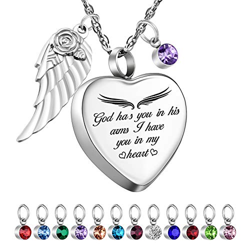 Dletay Heart Urn Necklace for Ashes with 12 Birthstones Cremation Jewelry for Ashes -Your Wings Were Ready My Heart Was Not - color: God has you-Silver