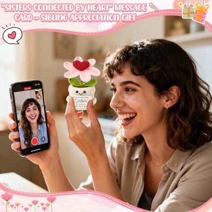 Good Bye Gifts for Women Sisters - Crochet Heart Flower Plant - Birthday Gifts for Sis Soul Sissies BFF Bestie Best Friends Work Sister - Long Distance Relationship Keepsake - color: Sisters1