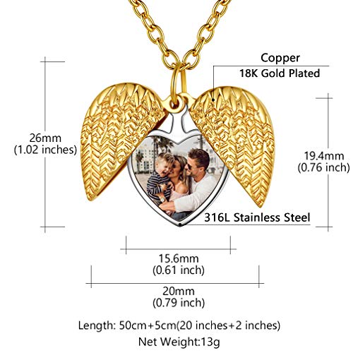 Custom4U Personalized Heart Locket Necklace with Pictures,Sunflower/Angel Wings/Heart Shaped Lockets Custom Photo,Gold/Rose Gold/White Lockets That Holds Picture,Customized Memorial Jewelry for Women - color: C-Angel Wings-Gold(Locket + Photo + Engraving)