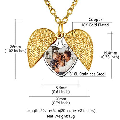 Custom4U Personalized Heart Locket Necklace with Pictures,Sunflower/Angel Wings/Heart Shaped Lockets Custom Photo,Gold/Rose Gold/White Lockets That Holds Picture,Customized Memorial Jewelry for Women - color: C-Angel Wings-Gold(Locket + Photo + Engraving)