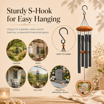 34 Inch Memorial Wind Chimes for Outside with Heart Photo Frame, Black - color: Black
