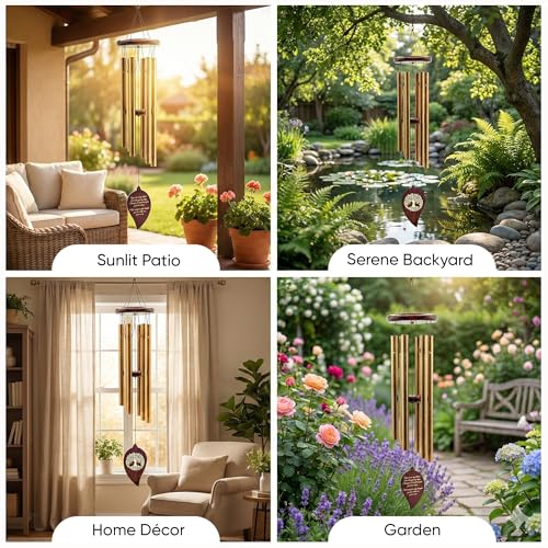 Memorial Wind Chimes for Outside, Golden Leaf Pendant, Deep Tone 6 Aluminum Tubes & Pine Wood, Sympathy Gift for Loss of Loved One, Acrylic Heart Plaque, Letter from Heaven & a Keychain - color: Gold Leaf Design