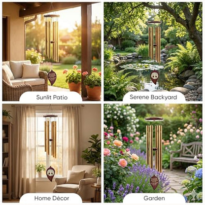 Memorial Wind Chimes for Outside, Golden Leaf Pendant, Deep Tone 6 Aluminum Tubes & Pine Wood, Sympathy Gift for Loss of Loved One, Acrylic Heart Plaque, Letter from Heaven & a Keychain - color: Gold Leaf Design