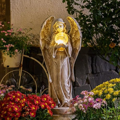 TERESA'S COLLECTIONS Angel Garden Solar Resin Fairy Glass Ball Statue 11" | Solar angel statue with wing & glowing glass ball | Outdoor resin decor for garden, yard, lawn | Great gift for any occasion - size: Large