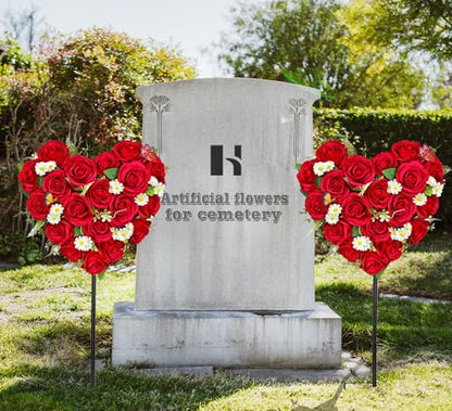 Artificial Cemetery Flowers, Grave Memorial Flowers with Ground Spike,Heart Shaped Wreaths Rose Daisy for Gravesites Decoration（Red）