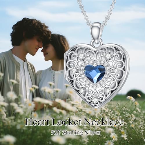Heart Locket Necklace 925 Sterling Silver Personalized Picture Locket Pendant Birthday Christmas Jewelry Memorial Gifts for Women - color: Silver with Blue