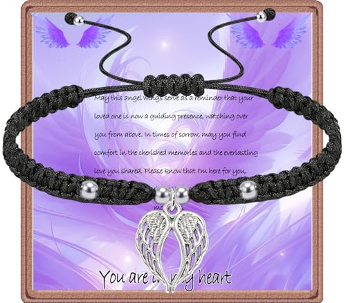 Sympathy Gift Memorial Gifts for Loss of Loved Ones, In Memory of Mother Father Memorial Bereavement Bracelet with Angel Wings Charm - color: Black