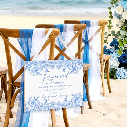 Blue Flower Wedding Memorial Sign with Ribbon Floral Reserved Signs in Loving Memory of Love Ones Parents Celebrating Ceremony Memories Seat Sign from Heaven - style: Blue Seat Sign