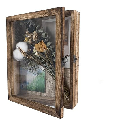 GraduatePro Shadow Box Frame 8x10 Display Case with Linen Back, Real Glass Window Door with Hinge, Picture Frame Wedding Bouquet Memorabilia Medals Photos Memory Box for Keepsakes, Carbonized Black | Hinged Front Open Door with Tempered Glass, Linen Back