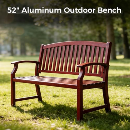 Grand patio 52" Farmhouse Outdoor Bench with Armrest, Red | Anti-rust Aluminum Frame, Faux Wood Grain Finish, for Front Porch, Yard, Park, Garden - color: Wine Red