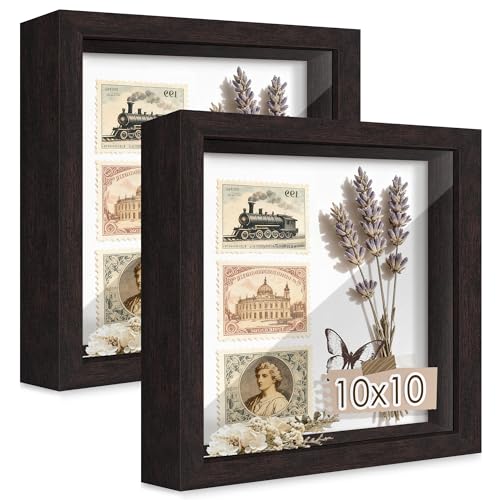10x10 Brown Wooden Shadow Box Frame, Tempered Glass, 2 Pack | Black Backboard, Tabletop & Vertical/Horizontal Wall Display, Memorabilia Display, Wedding/Baby Keepsakes & Crafts - color: Brown, size: 10x10-2P