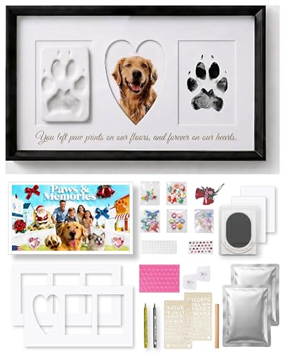 Pet Paw Print Keepsake Kit - Large High-Density MDF Wood Memorial Frame with Pet-Safe Clay & Clean-Touch Ink Pad - 3 Mats & 80+ DIY Decorations - Dog/Cat Growth Record & Pet Loss Gift, Black
