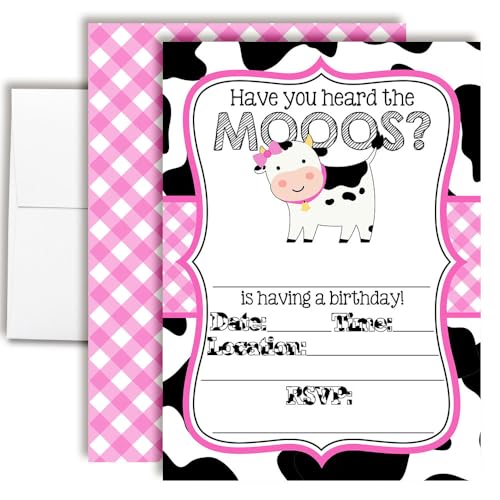 Amanda Creation Cow Birthday Invitations for Girls, 20 Pack 5x7 Fill-In Cow Party Invitations with White Envelopes, Heard the Moos Pink Farm Animal Cards, Made in USA - color: Heard the Moos Pink Cow