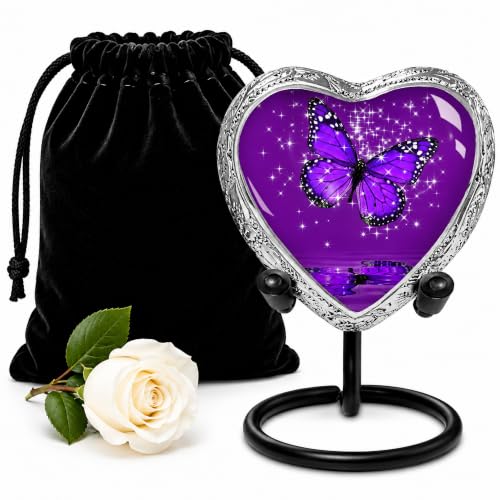 Purple Butterfly Heart Keepsake Urn for Human Ashes – Small Sharing Cremation Urn for Adult Female or Male, Memorial Heart with Stand for Men & Women - color: Purple, size: Small Heart