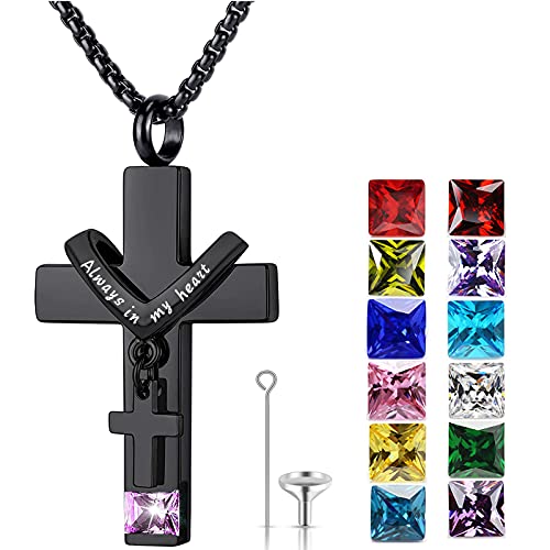 YOUFENG Birthstones Urn Necklaces for Ashes Cross Cremation Pendant Urns for Human Ashes Memorial Keepsake Locket Jewelry - style: June-birthstones
