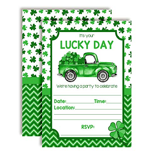 Lucky Day Truck with Clover Birthday St. Patrick’s Day Party Invitations, 20 5x7 Fill In Cards with Twenty White Envelopes by AmandaCreation - style: Lucky Day