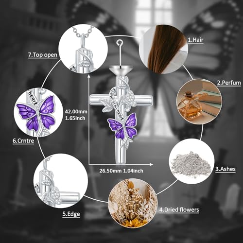 SOULMEET Enamel Butterfly Cross Urn Necklace for Ashes, Cross Moissanite Butterfly Ashes Necklaces with Forever in My Heart Engraved Keepsake Cremation Locket Jewelry for Women Men - color: E-Purple, style: Custom Engraved