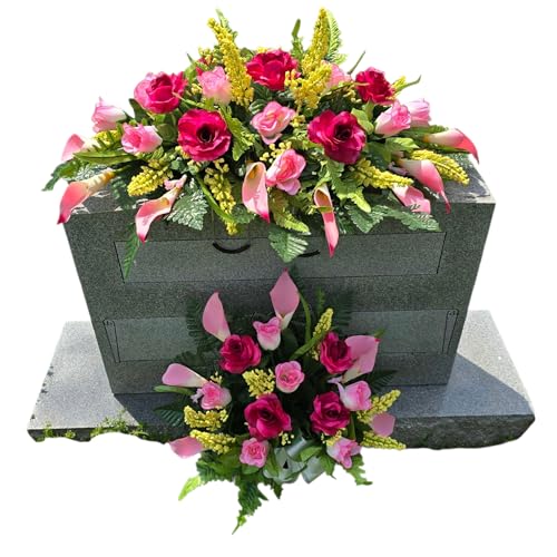 Realistic Artificial Cemetery Flowers - Silk Faux Floral Beauty Pink Rose and Calla Lily - Headstone Saddle - Single Bouquet for Grave - 2 Memorial Decorations -