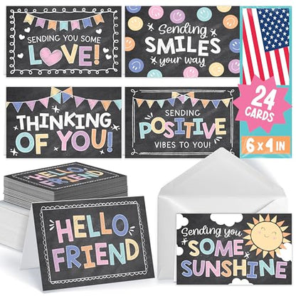 Hadley Designs Thinking of You Cards with Envelopes - 24 Hello Greeting Cards Thinking of You Card for Men & Women Bulk, Blank Encouragement Card for Kids, Just Because Cheerful Encouraging Notecards - style: Chalk Colorful